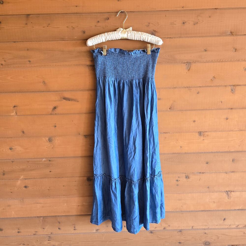 Fitzroy & Willa Dress Midi Tiered Chambray Western Boho Smocked Strapless NWOT L